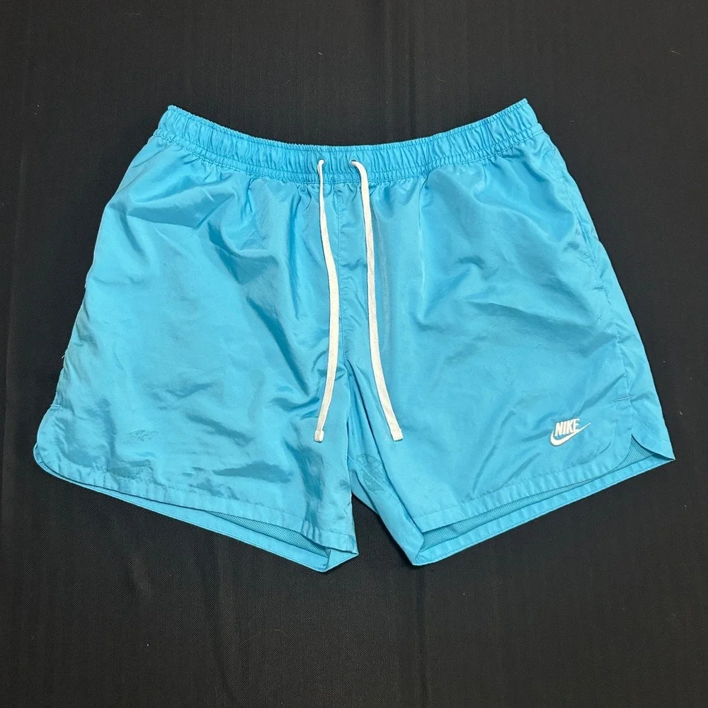 Nike Mens XXL Light Blue Mesh Lined Swim Trunks Shorts Embroidered Logo
